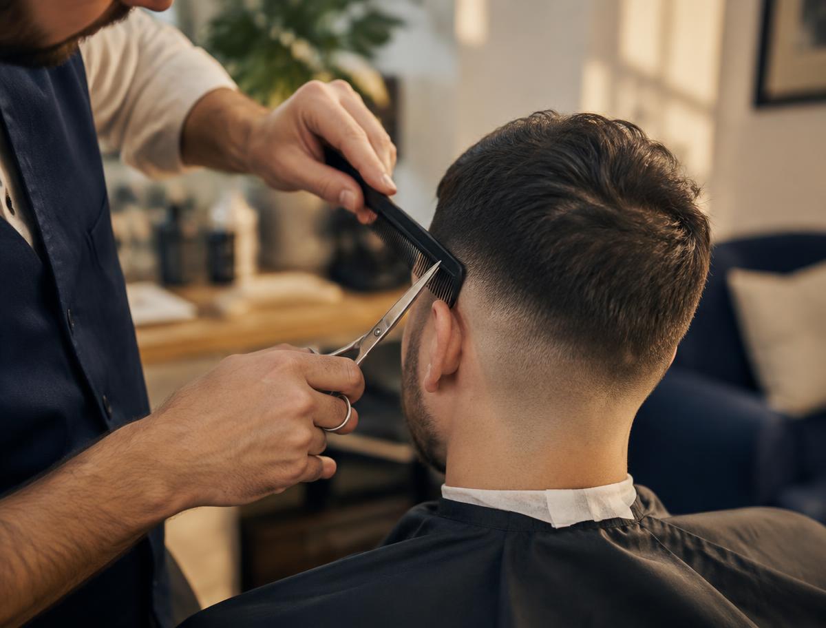Barbero haciendo un degradado con tijera y peine